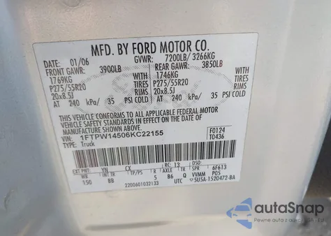 2006 Ford F-150 Fx4/Lariat/Xlt z USA, uszkodzony, nr VIN 1FTPW14506KC22155